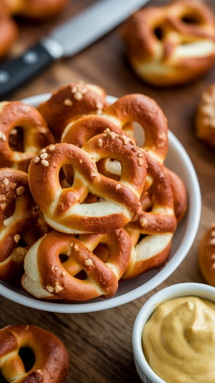 A bowl of homemade pretzel bites with a side of mustard dipping sauce.