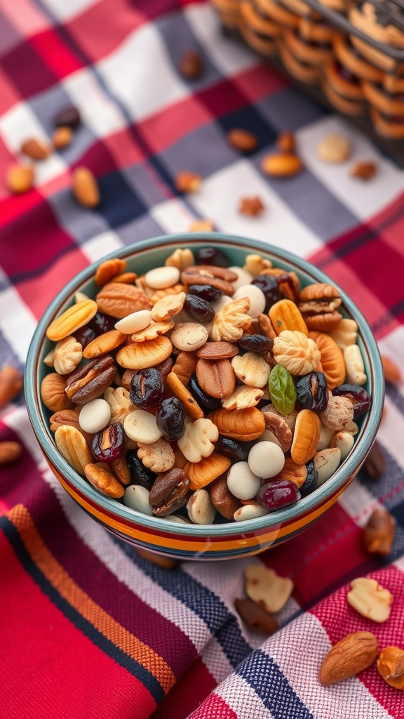 A colorful bowl of homemade trail mix with nuts and dried fruits on a checkered tablecloth.