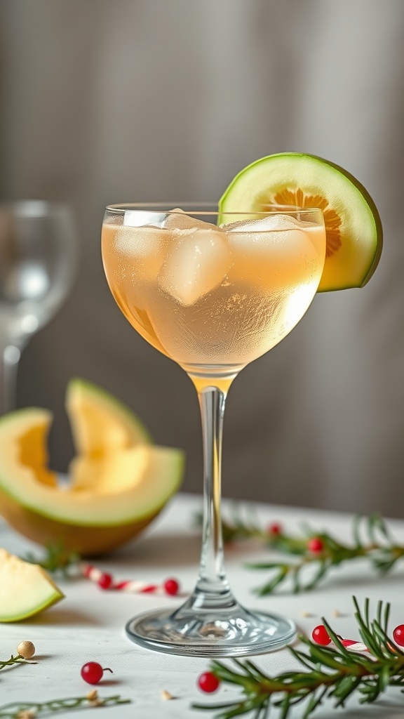 A refreshing honeydew melon spritz cocktail served in a stylish glass with a slice of honeydew as garnish.