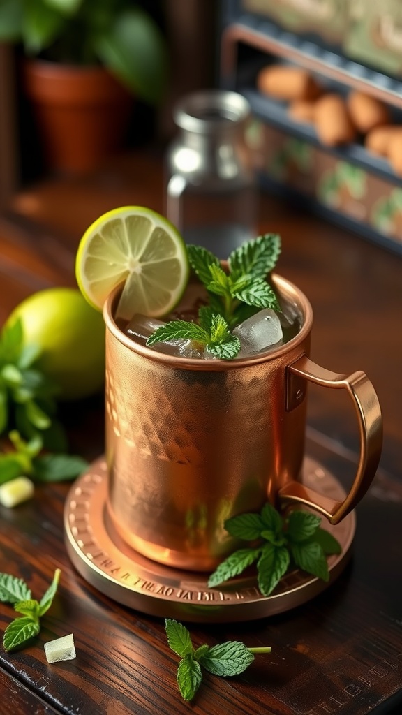 Irish Mule cocktail in a copper mug with mint and lime