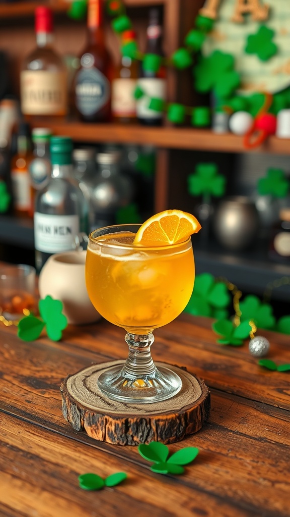 A vibrant Irish Whiskey Sour cocktail garnished with an orange slice, placed on a wooden surface decorated for St. Patrick's Day.