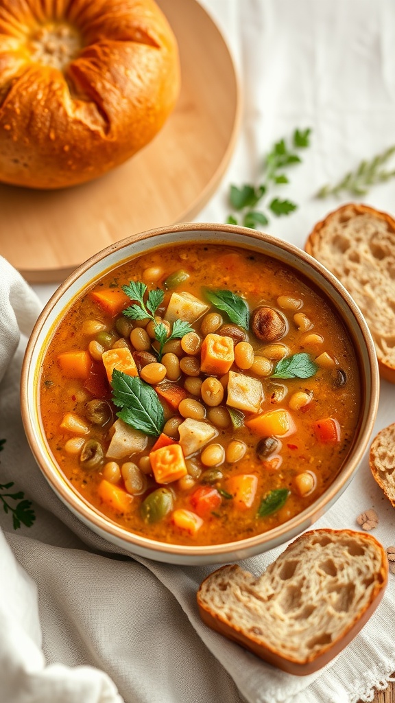 A bowl of lentil and vegetable soup with fresh herbs and slices of bread.