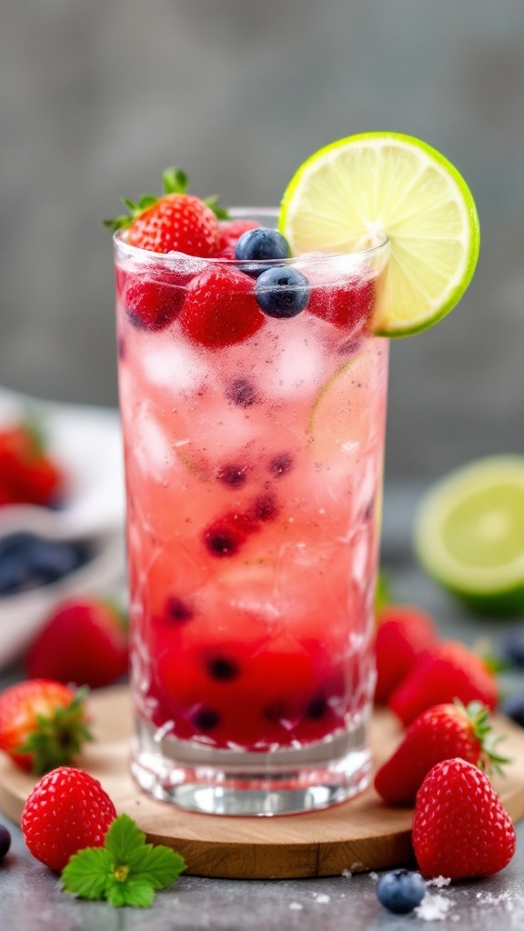 A refreshing cocktail made with lime and mixed berries, garnished with mint and lime slices.