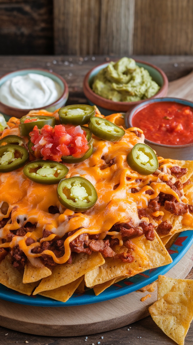 A plate of loaded nachos topped with jalapeños, cheese, and diced tomatoes, served with dips