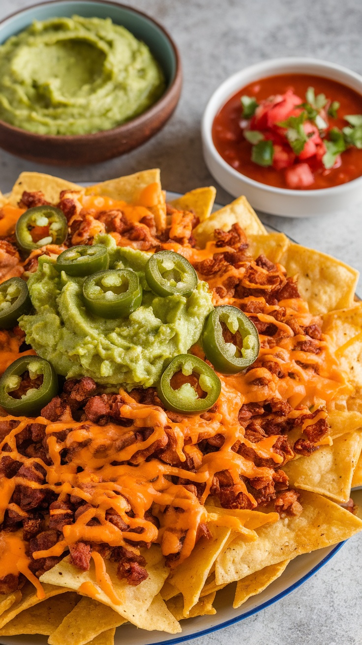 A plate of loaded nachos topped with cheese, jalapeños, guacamole, and salsa.