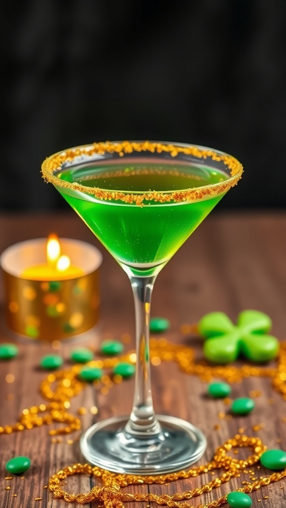 A vibrant green cocktail in a martini glass with a golden rim, set against a festive backdrop.