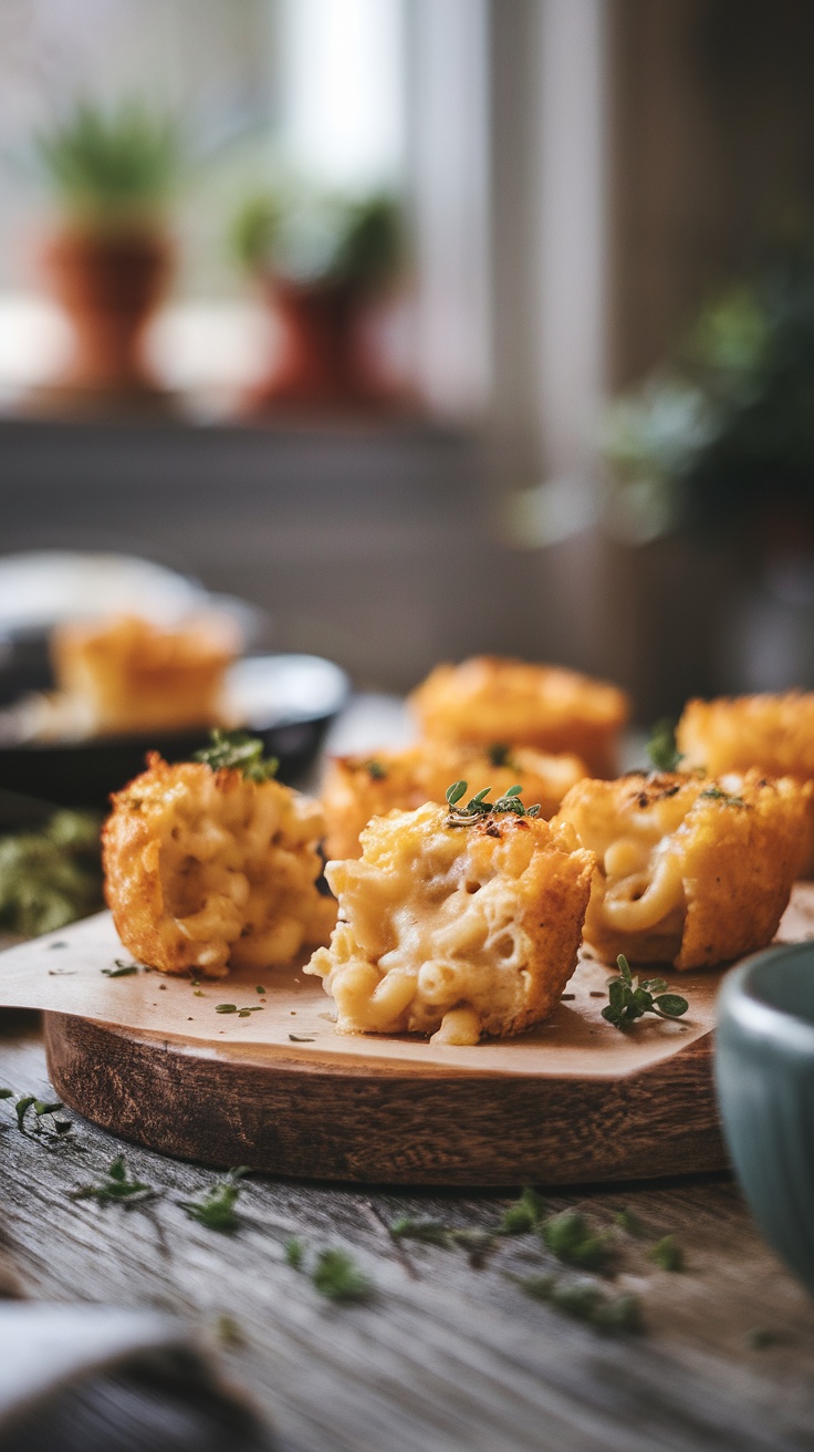 Delicious macaroni and cheese bites on a wooden platter.