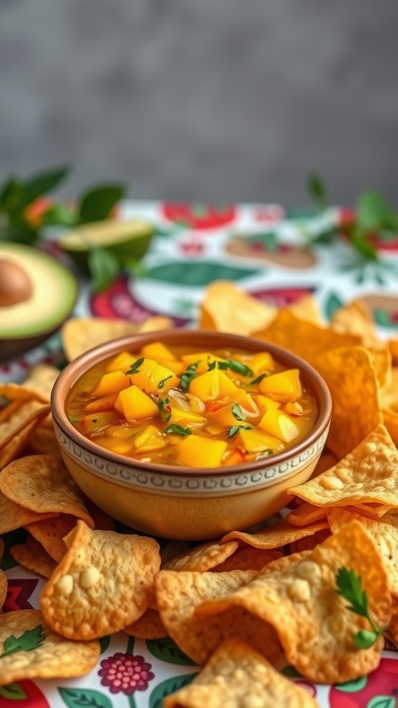 A bowl of mango salsa surrounded by baked tortilla chips.