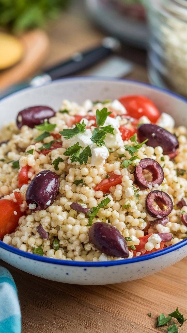 A bowl of Mediterranean Couscous Salad topped with olives, tomatoes, and feta cheese.