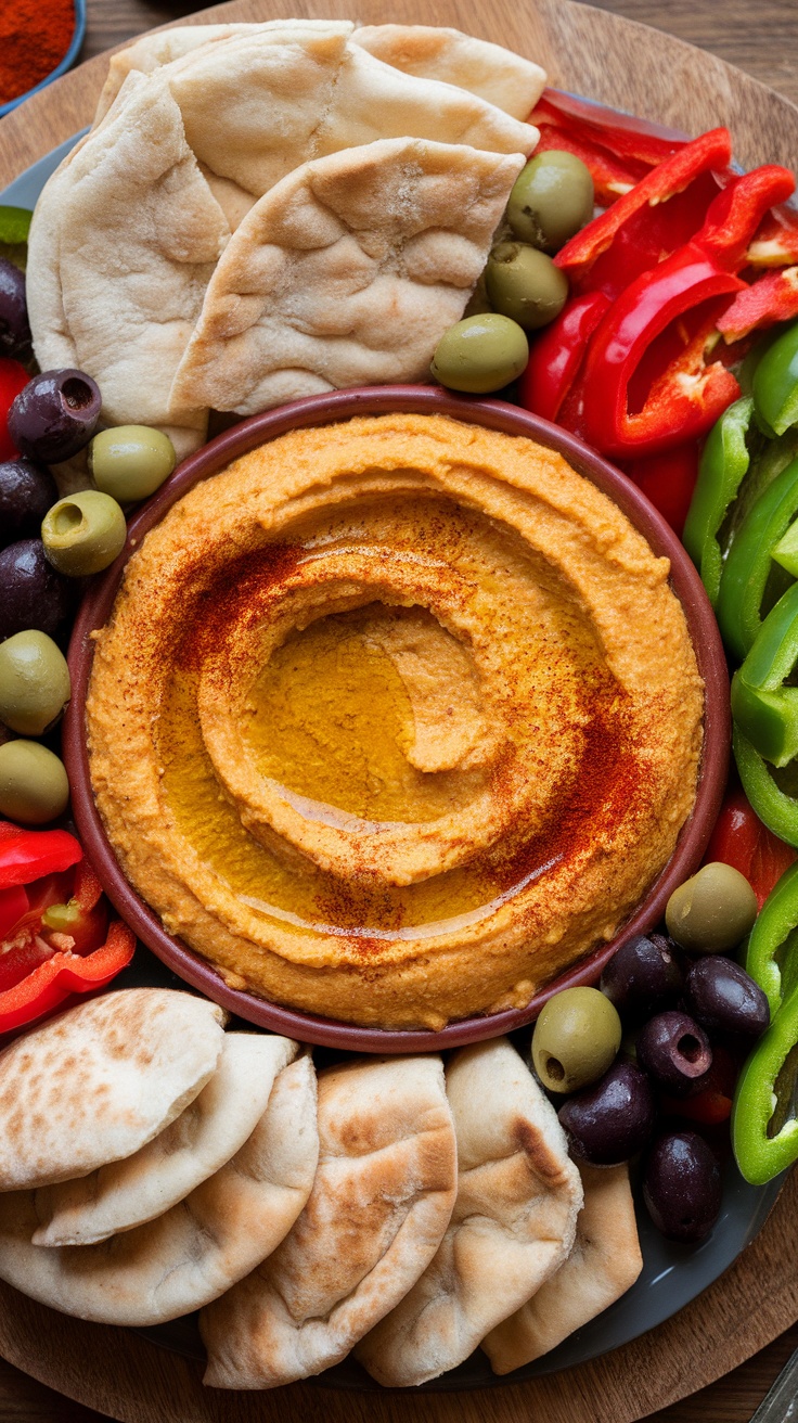 A Mediterranean Hummus Platter featuring creamy hummus, pita bread, and fresh vegetables.