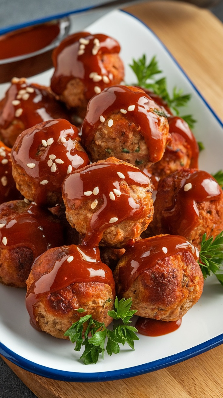 A plate of mini BBQ meatballs drizzled with sauce, garnished with parsley and sesame seeds.