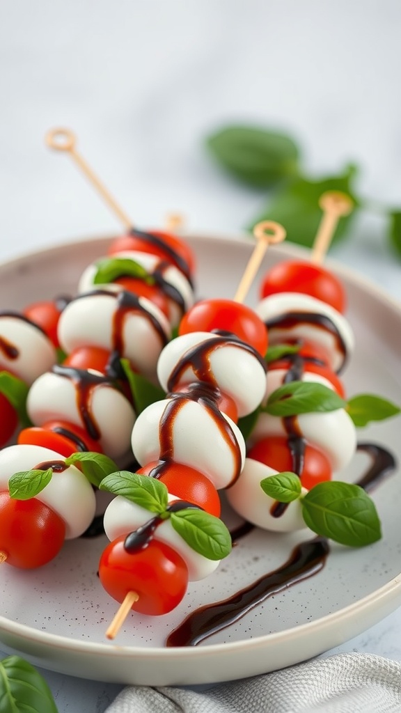 Mini Caprese skewers with cherry tomatoes, mozzarella balls, and fresh basil, drizzled with balsamic glaze.