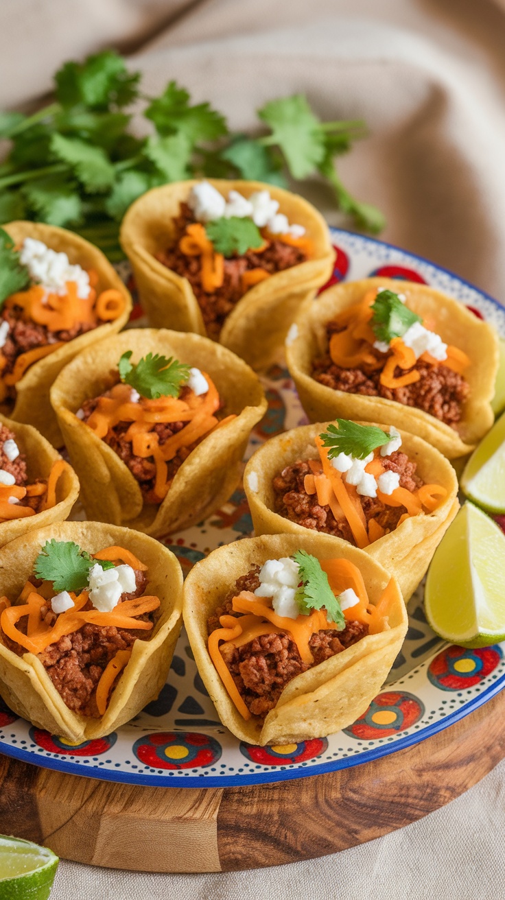 Mini taco cups filled with ground beef, cheese, and garnished with cilantro.