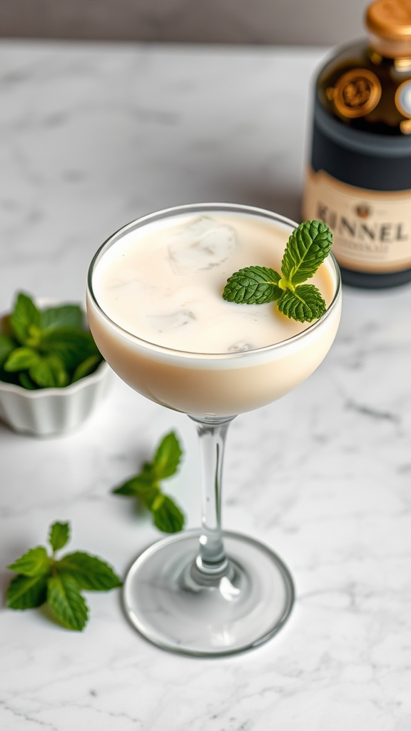 Minty Irish Cream Delight cocktail in a glass with mint leaves