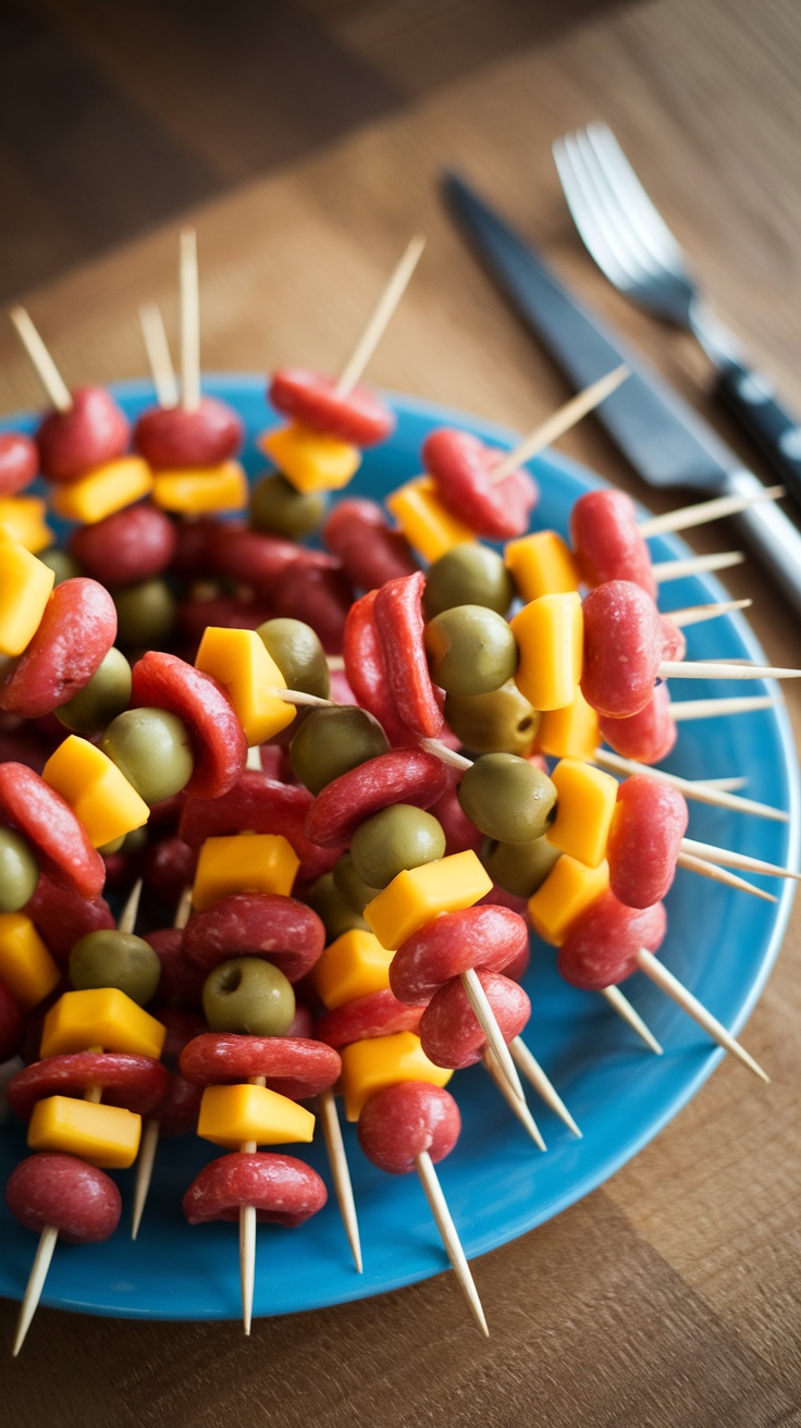 Colorful pepperoni pizza skewers on a blue plate