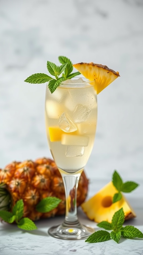 A refreshing pineapple and mint tonic cocktail in a glass with ice and garnished with mint leaves and a pineapple wedge.