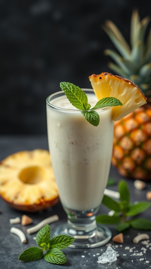 A refreshing pineapple coconut smoothie garnished with mint leaves.