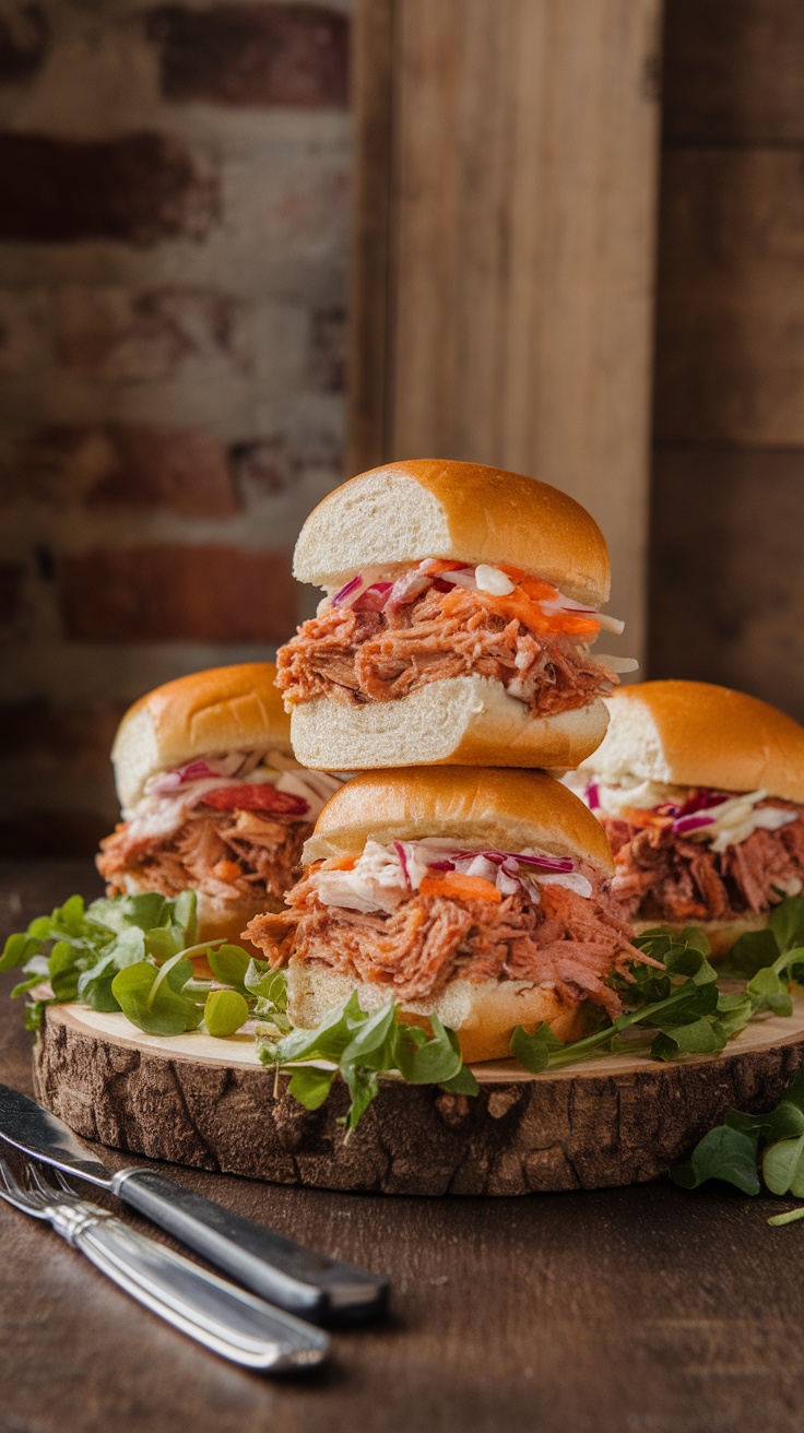 Delicious pulled pork sliders stacked on a wooden board