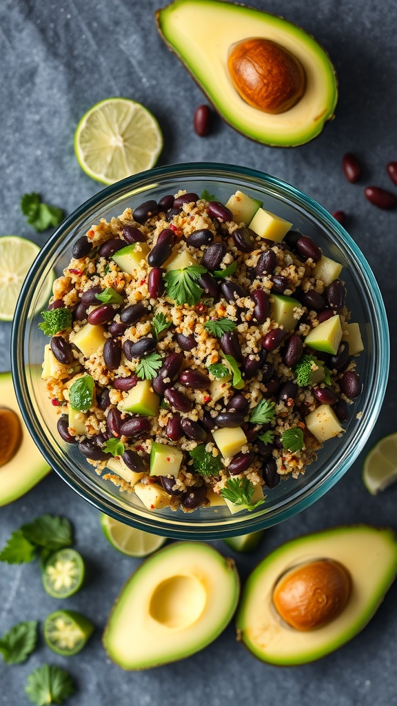 A colorful bowl of quinoa and black bean salad with fresh veggies and cilantro