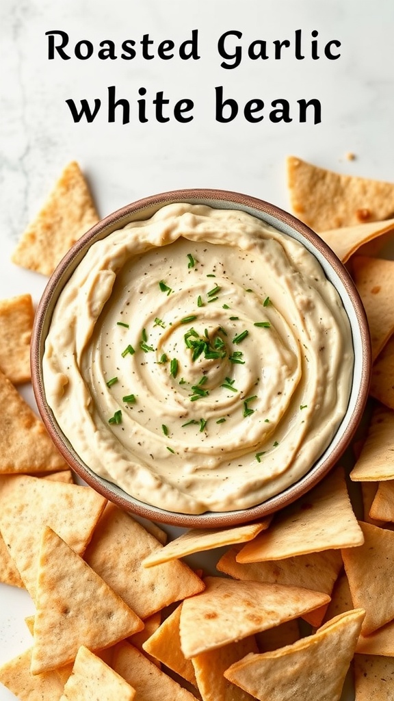 A bowl of creamy roasted garlic and white bean dip surrounded by pita chips.