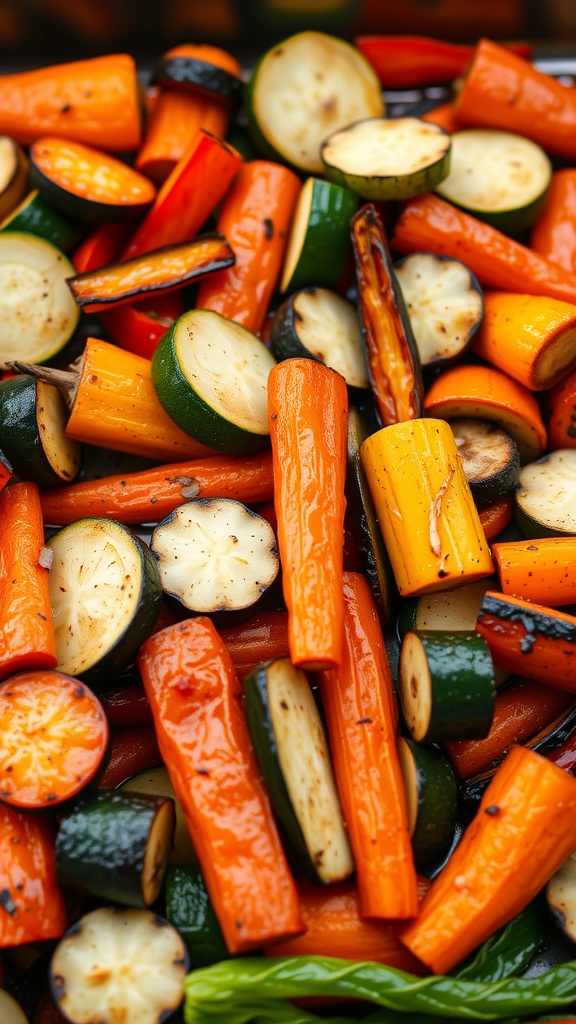 A vibrant roasted vegetable platter featuring colorful zucchini, carrots, bell peppers, and cherry tomatoes.