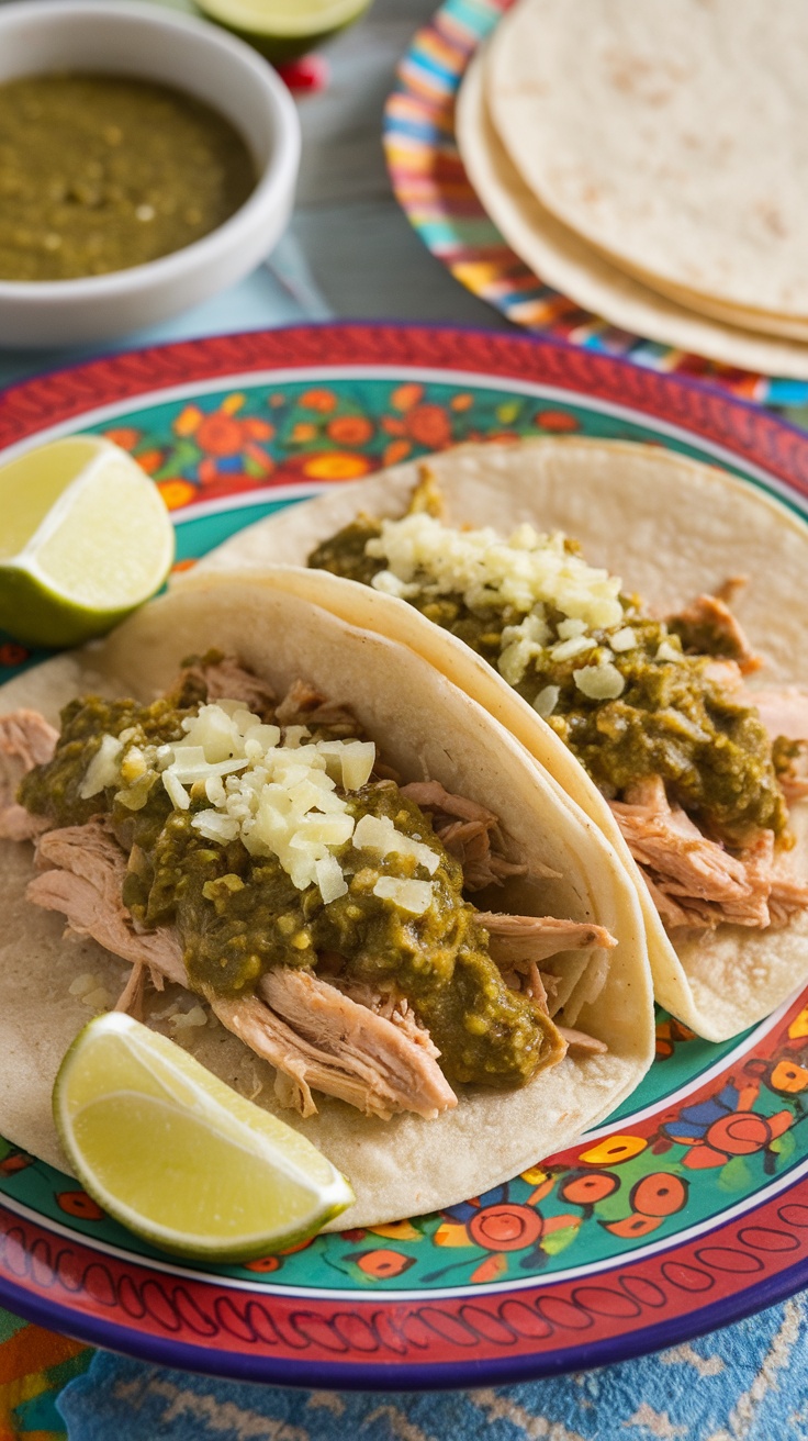 Delicious Salsa Verde Chicken Tacos with lime and onions