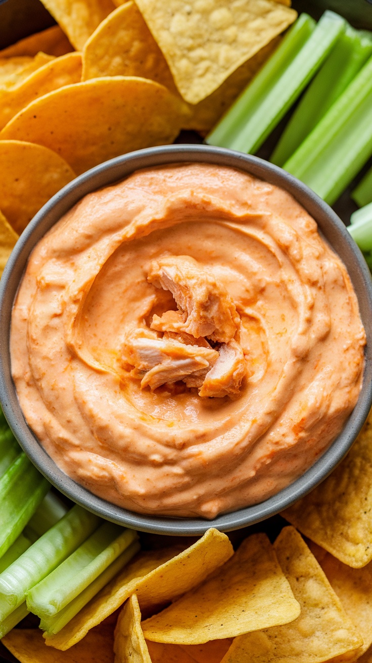 Creamy Buffalo Chicken Dip with chips and celery sticks