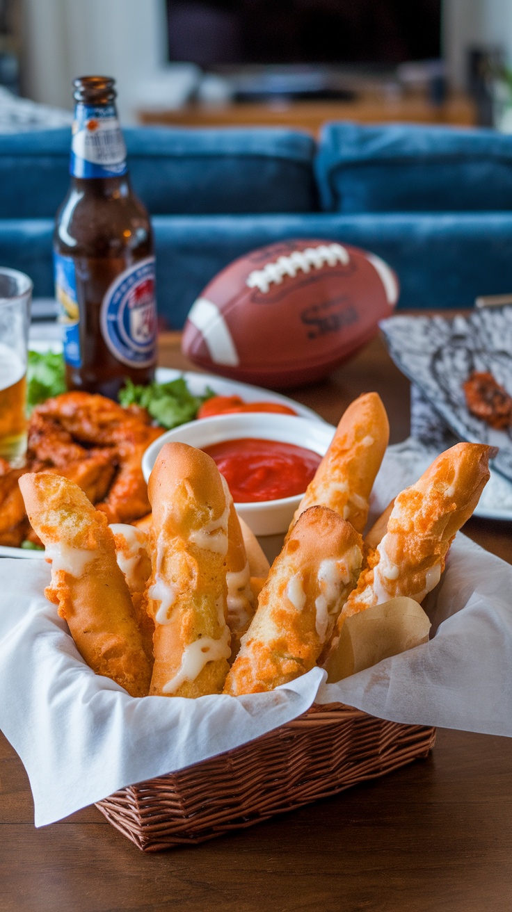 Savory cheesy garlic breadsticks served with marinara sauce