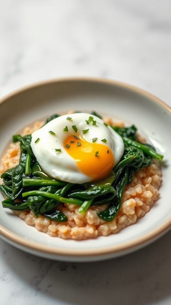 A bowl of savory oatmeal topped with spinach and a poached egg.