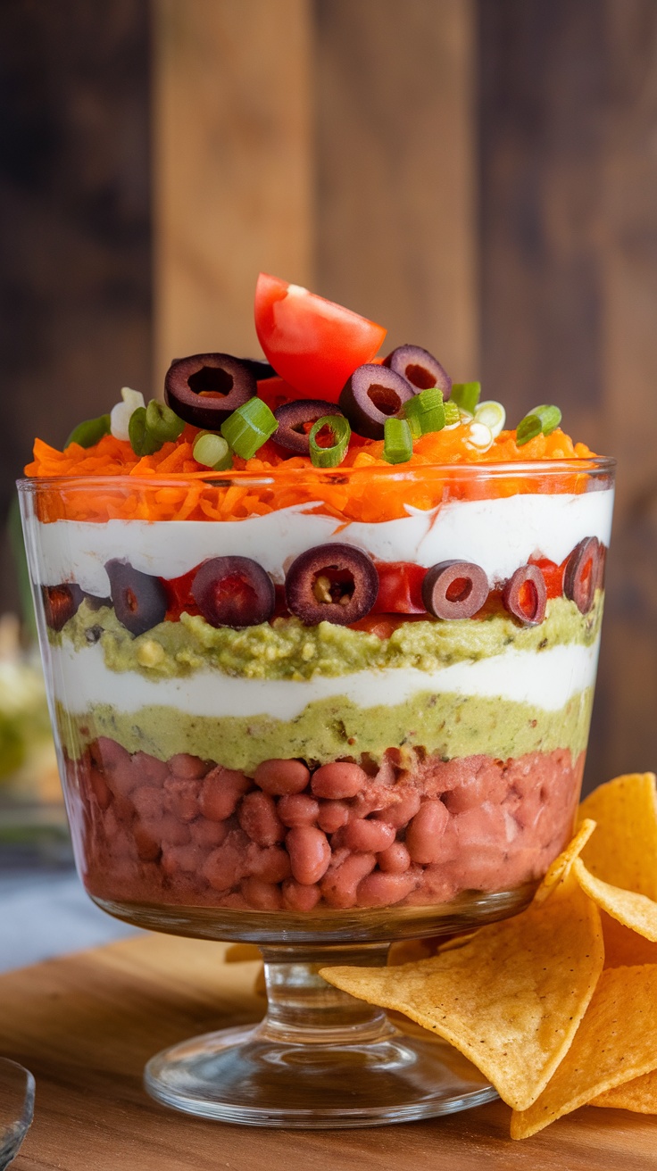 A colorful seven-layer dip in a clear dish, topped with olives, tomatoes, and green onions, served with tortilla chips.