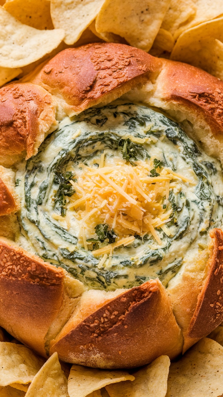 A bowl of creamy spinach and artichoke dip surrounded by tortilla chips.