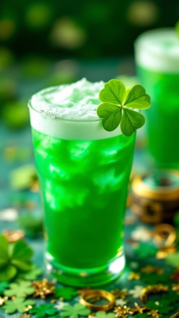 A vibrant green Shamrock Sour cocktail with a shamrock leaf garnish.