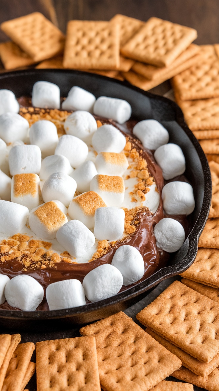 S'mores dip with melted chocolate and marshmallows served with graham crackers.