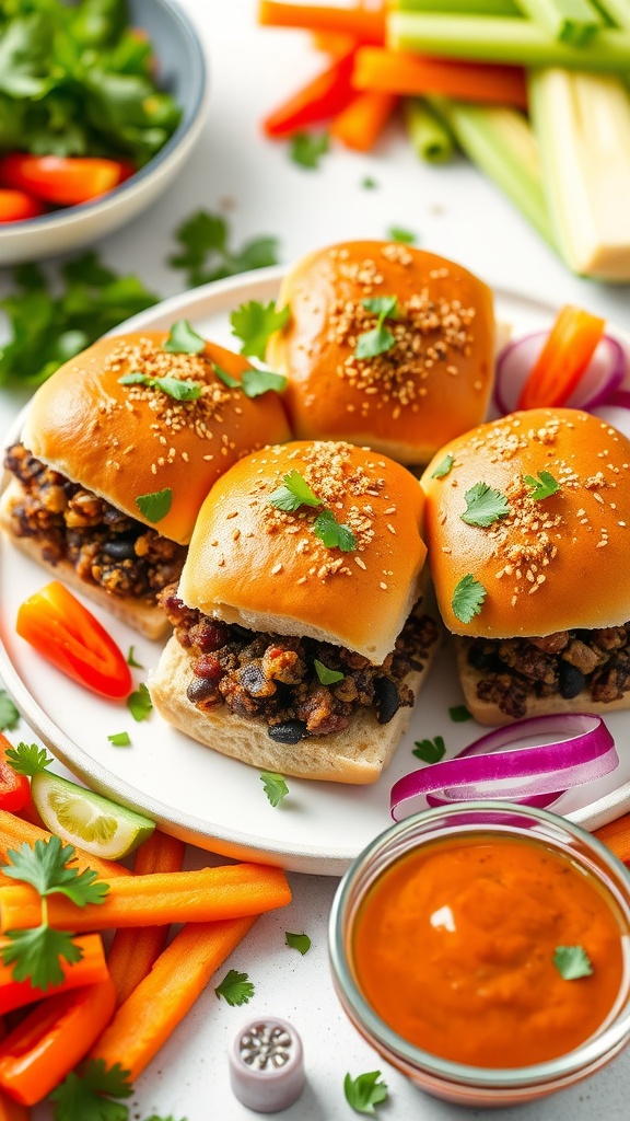 Plate of spicy black bean and quinoa sliders with fresh toppings and side vegetables.