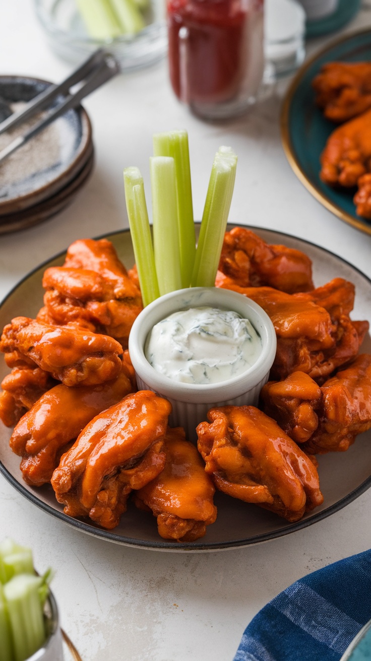 Delicious spicy buffalo chicken wings served with celery sticks and dipping sauce.