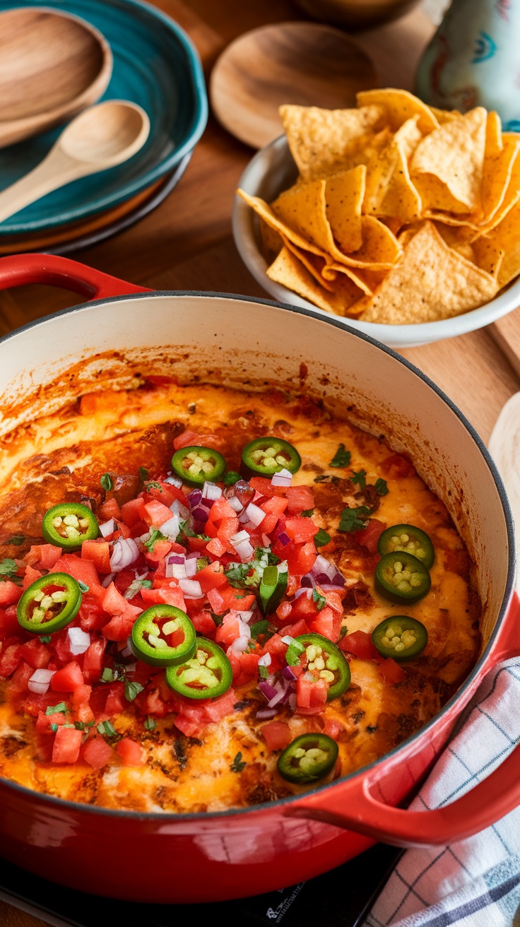 A delicious bowl of spicy queso fundido topped with jalapeños, tomatoes, and onions, served with tortilla chips.