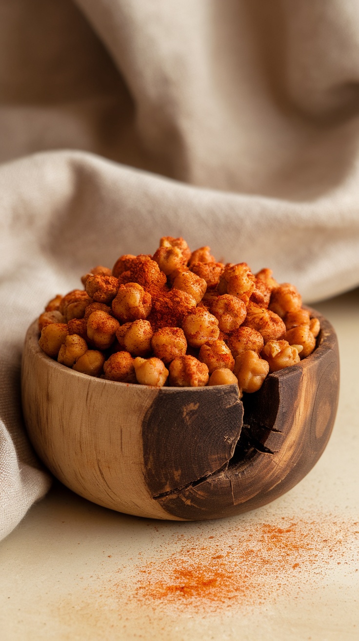 A bowl of spicy roasted chickpeas, seasoned with paprika and spices.