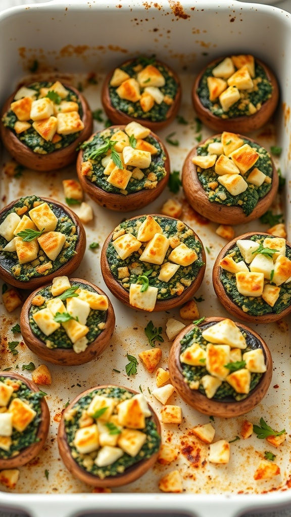 Spinach and Feta Stuffed Mushrooms arranged in a baking dish