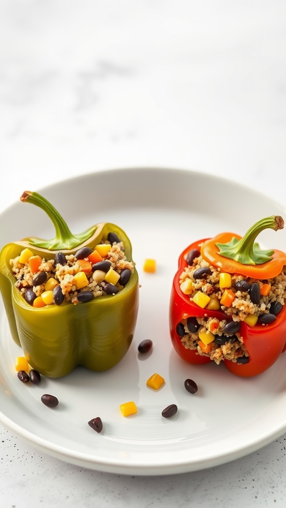 Stuffed bell peppers with quinoa, black beans, and corn, served on a plate.