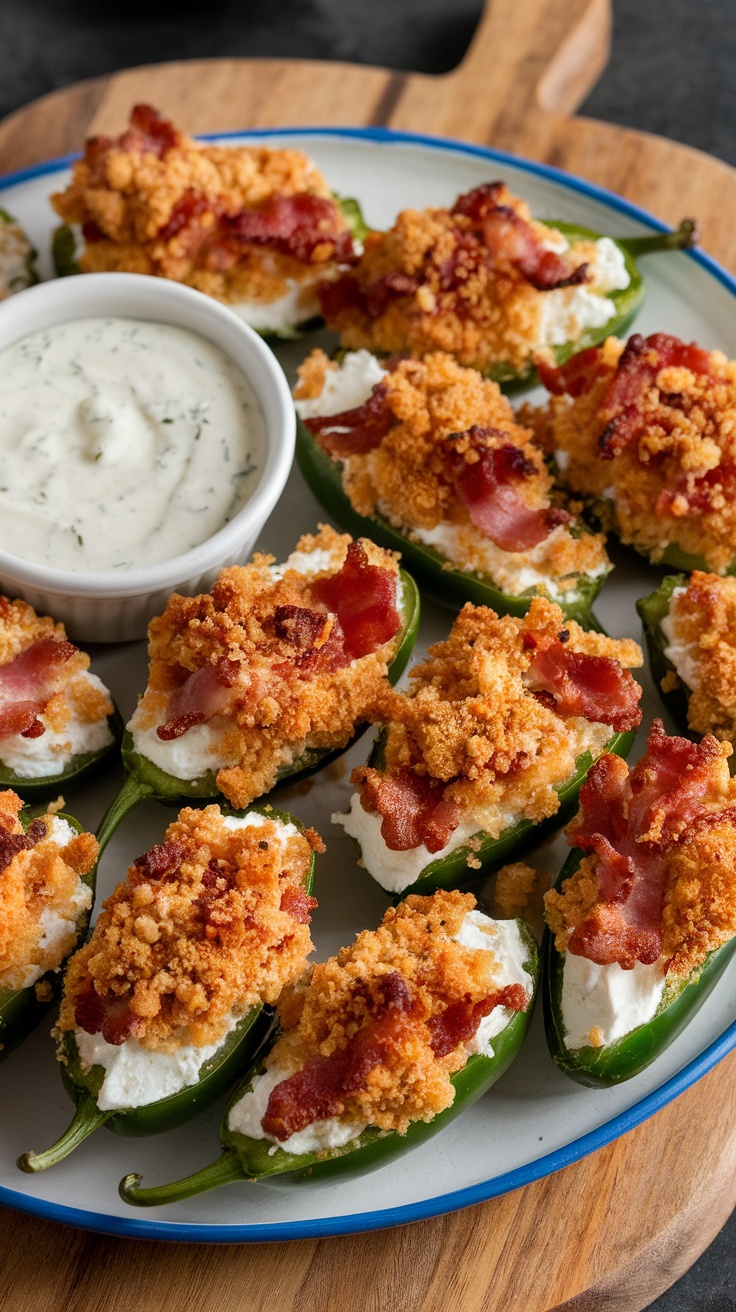 Stuffed jalapeño poppers with a creamy filling and crispy topping.