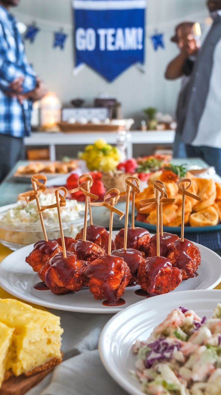 Plate of sweet and spicy BBQ chicken bites with skewers, surrounded by various food items.