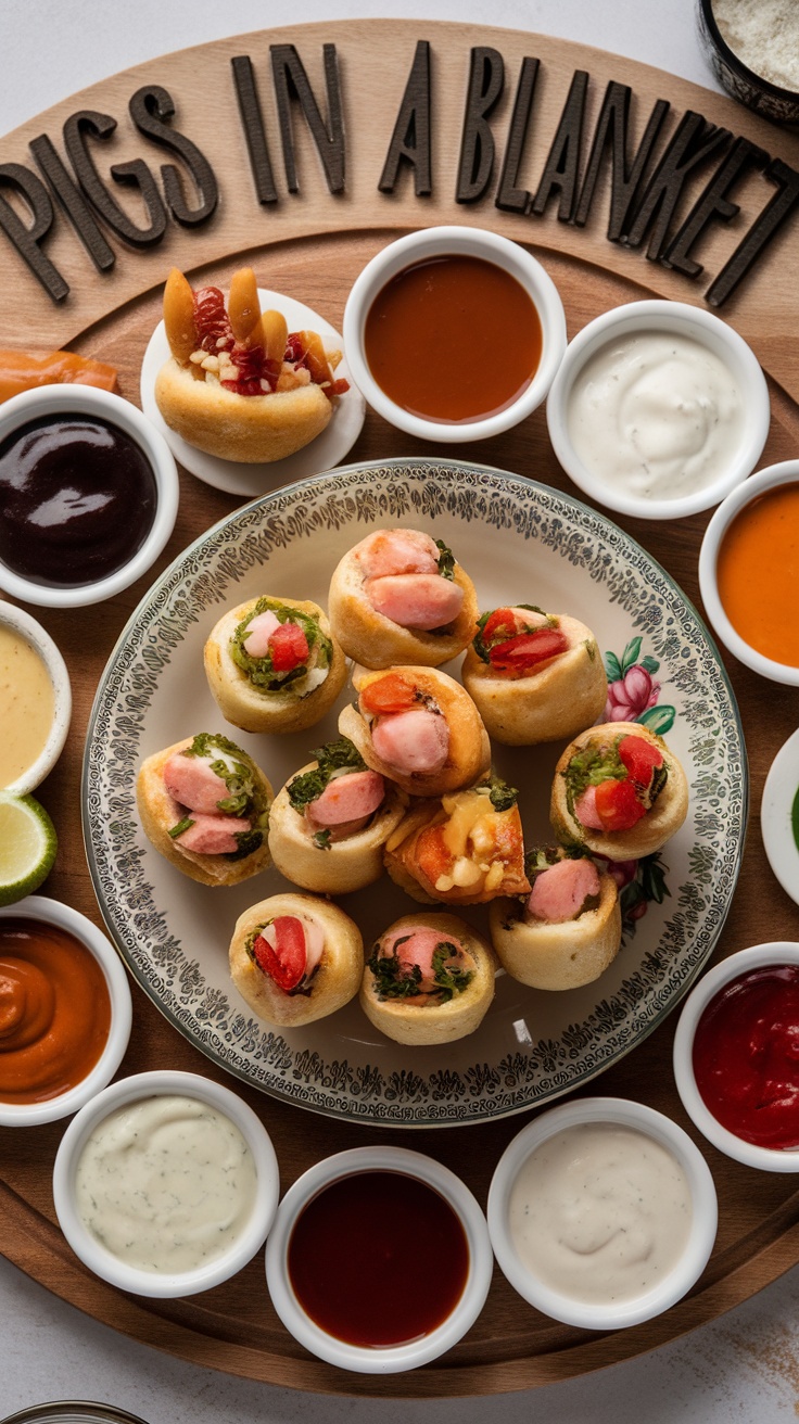 Sweet and Spicy Pigs in a Blanket served with various dipping sauces.