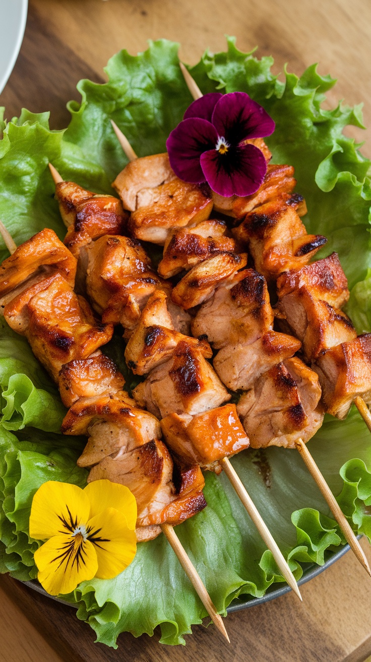 Delicious sweet chili chicken skewers served on a bed of lettuce with flowers.