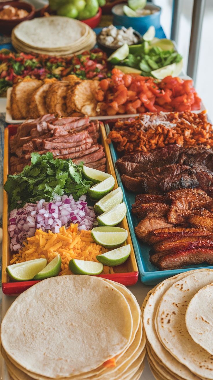 A colorful taco bar with tortillas, various meats, and fresh toppings.