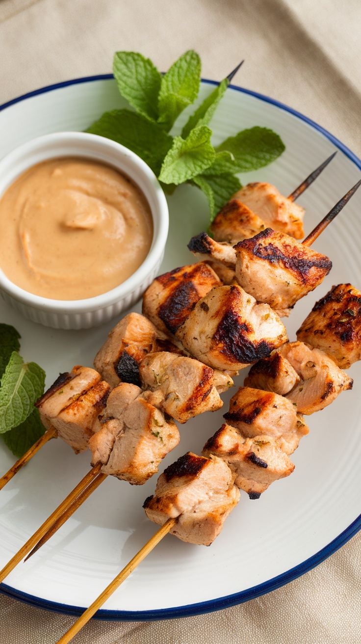 Plate of Thai chicken satay skewers with a bowl of peanut sauce