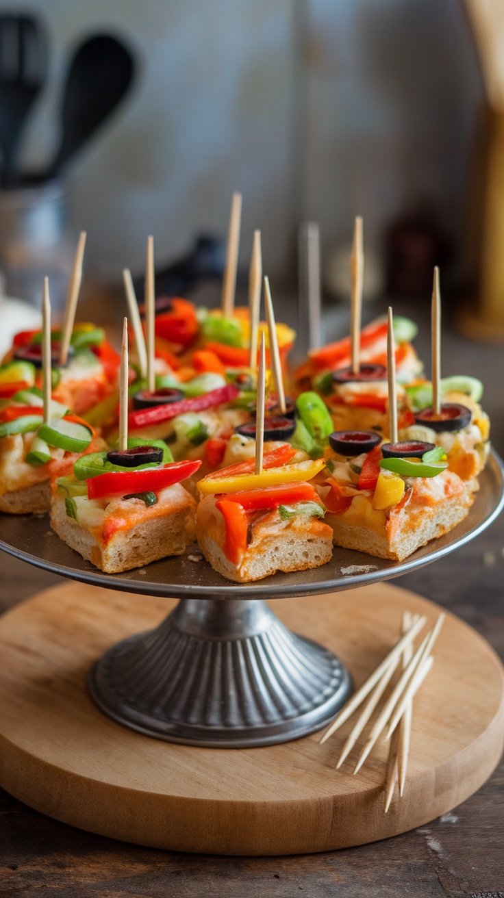 A platter of colorful vegetable pizza bites topped with various vegetables and skewers.