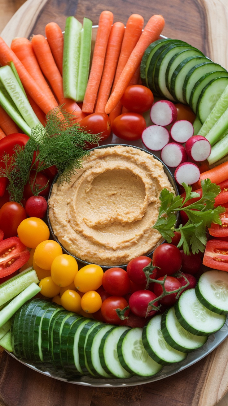 A colorful vegetable platter with hummus dip, featuring carrots, cucumber, cherry tomatoes, bell pepper, and radishes.