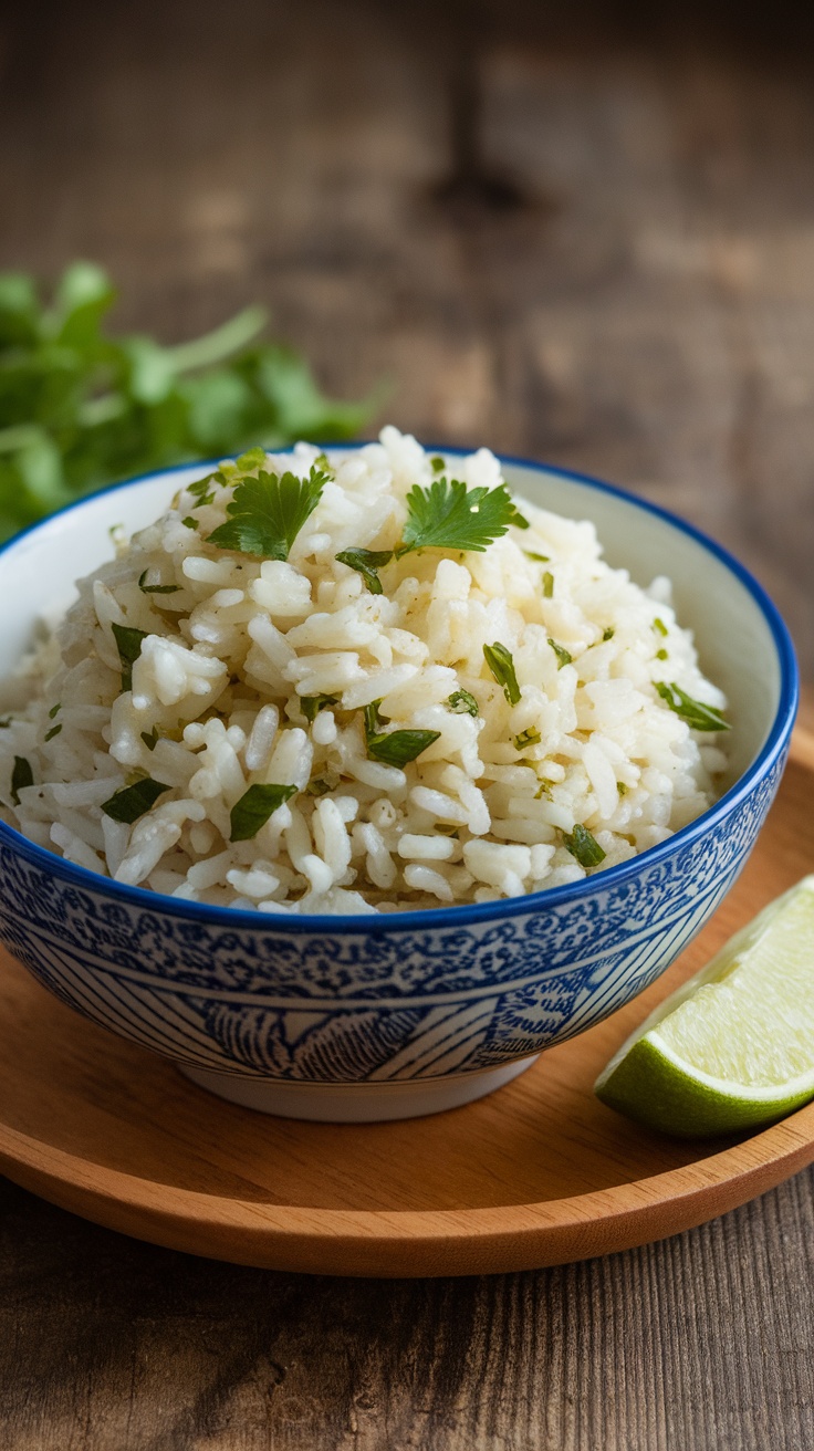 Bowl of cilantro lime rice with lime wedge and fresh cilantro