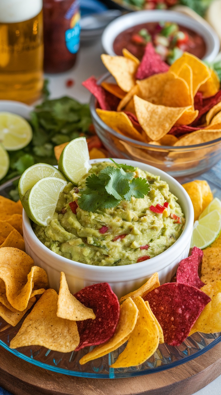 A bowl of creamy guacamole surrounded by colorful tortilla chips.