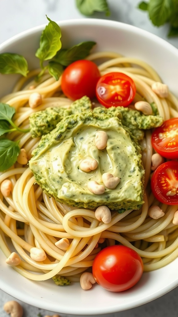 A bowl of zucchini noodles topped with avocado pesto, cherry tomatoes, and cashews.